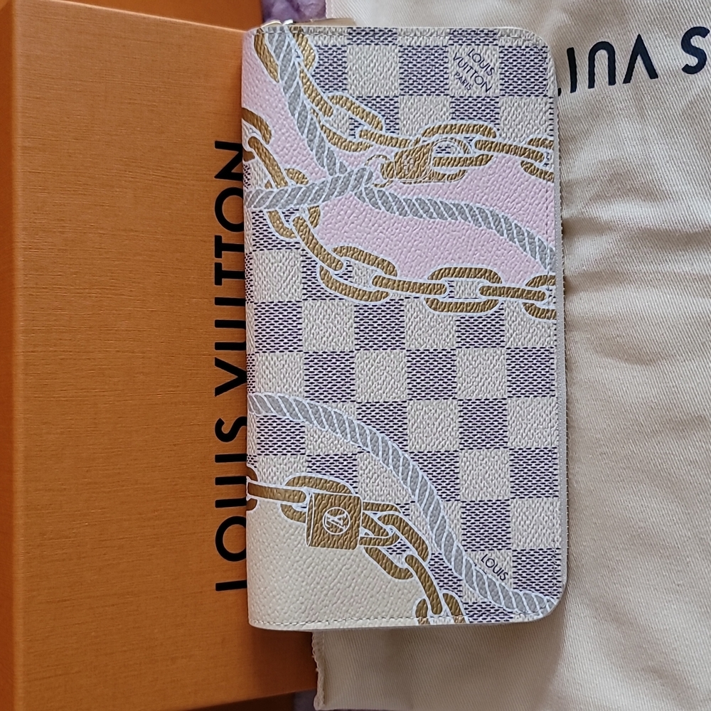 Louis Vuitton Damier Azur Chain Lock LV PRINT Large Zippy Wallet New LIMITED ED.